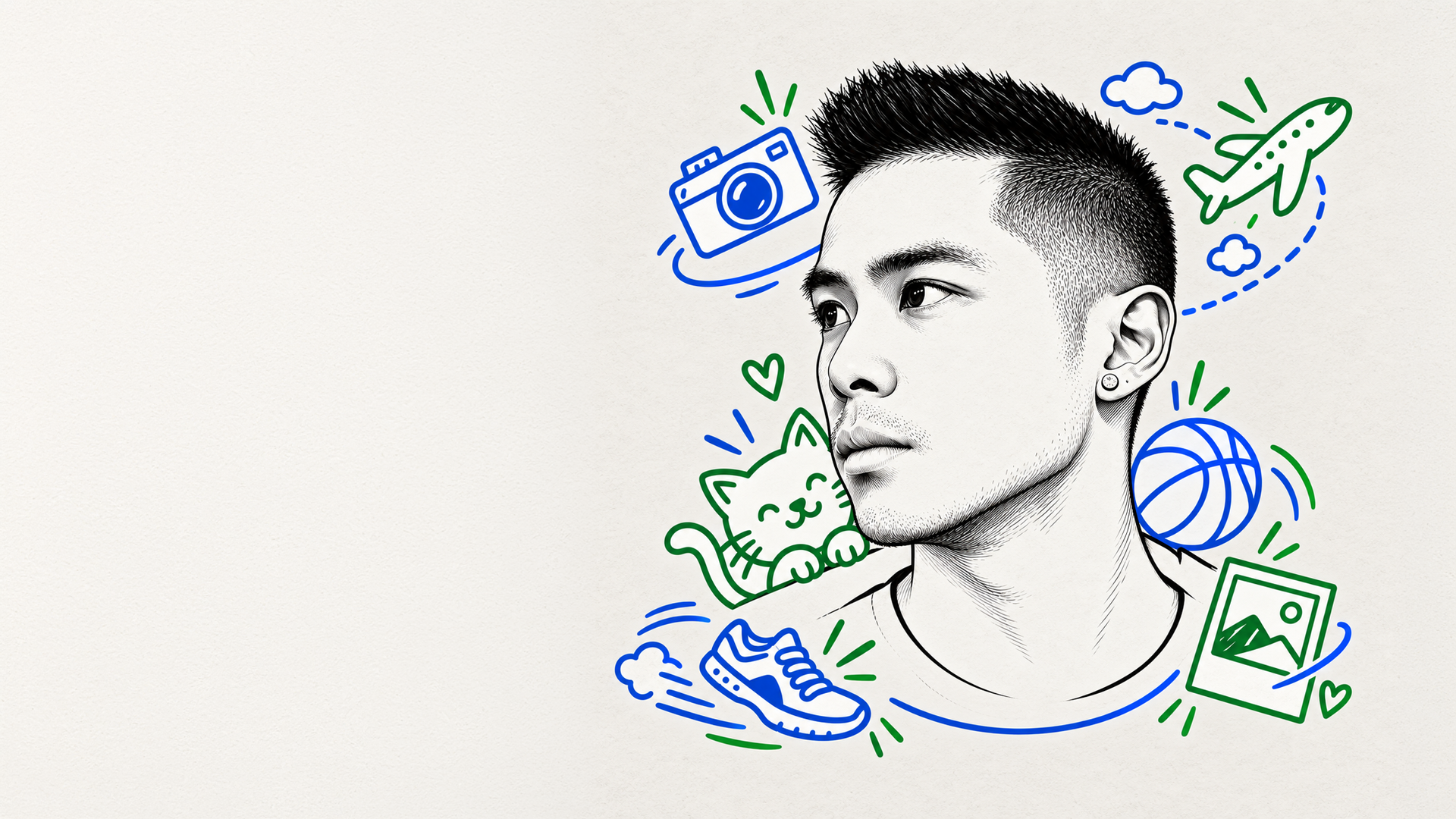 Illustrated portrait of Will with photography and travel drawings